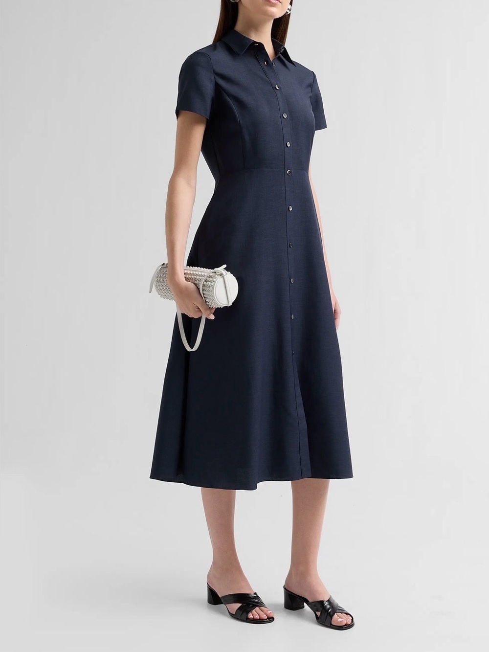 Theory Navy Linen Blend Midi Shirt Dress Short Sleeve - Picture 5 of 12